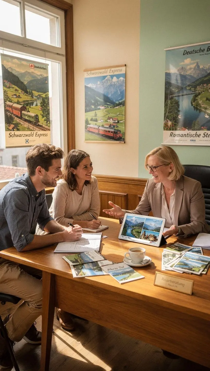 Panoramablick aus einem Zugfenster auf malerische deutsche Landschaften während einer entspannten Zugreise mit persönlicher Beratung und integrierten Bahntickets.